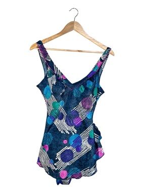 Vintage 90s Sirena One Piece Swimsuit Abstract Print Front Skirt Sarong USA 16